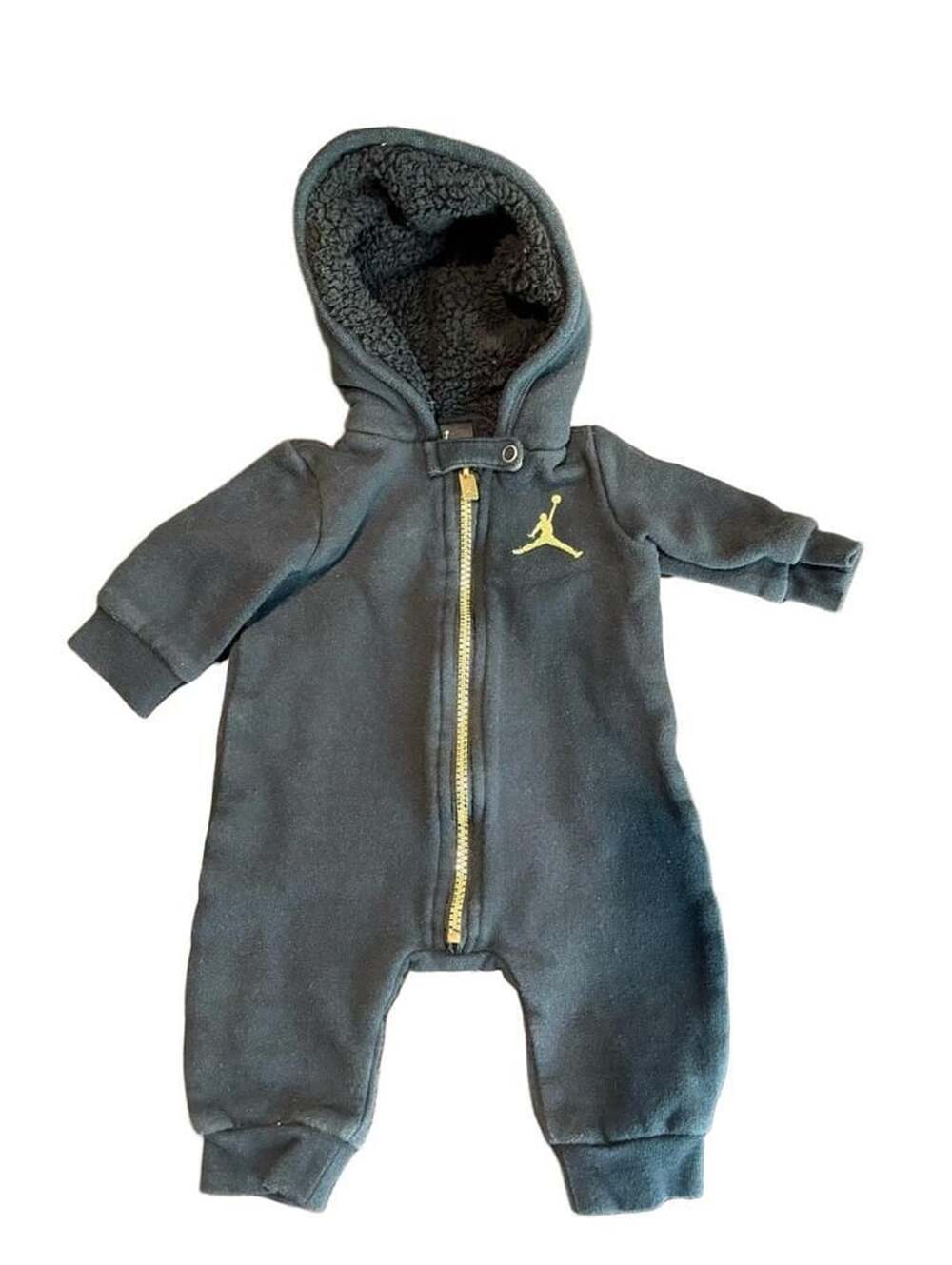 Jordan Baby Boy Black Gold Zip Sherpa-Lined Hooded Coverall Romper 3M